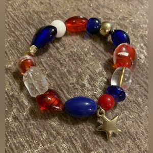 Gold Star Beaded Stretch Bracelet, Red, White Blue, Americana, Like New
